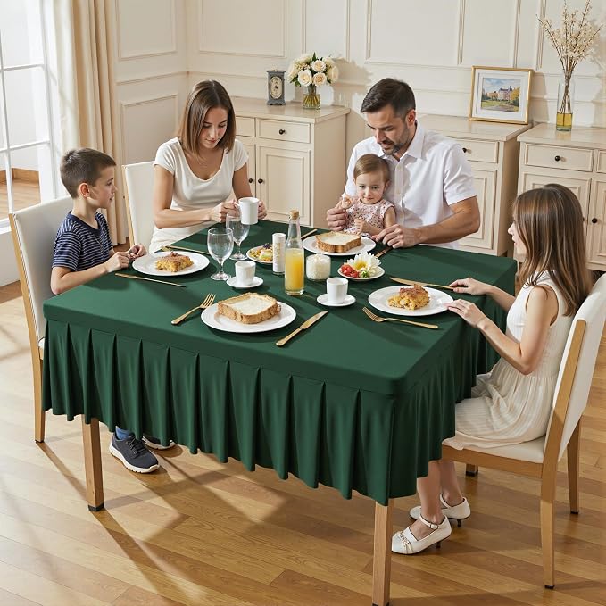 Wish Care Hunter Green Spandex Tablecloths for 54x54 Inch Square Tables, Stretch Fitted Table Clothes with Pleated Ruffle Skirt for 54” Table, Wrinkle Free and Elastic, for Party Kitchen Home Dining