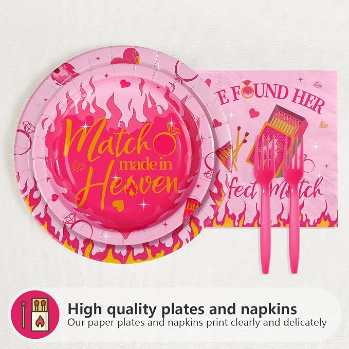 96Pcs Perfect Match Bachelorette Party Supplies She Found Her Perfect Match Plates and Napkins Hot Pink Matches Tableware Set for Bridal Shower Bachelorette Engagement Party Decor Serves 24