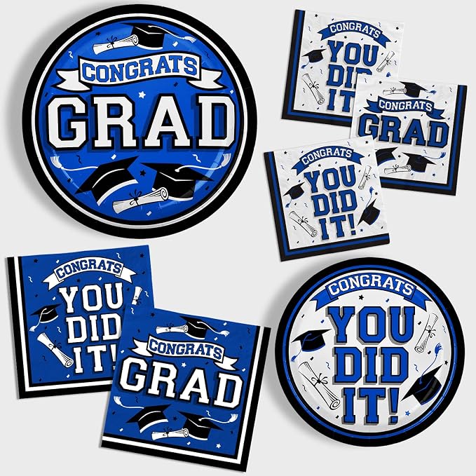 Graduation Party Supplies Dinnerware Set blue Disposable dinner paper plates dessert paper plates and Napkins for Congrats Grad Party Decorations, Serve 50