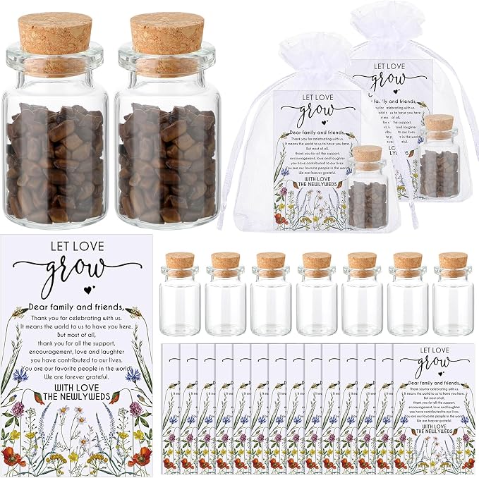 Jinei 100 Sets Let Love Grow Wedding Favor for Guests 100 Small Glass Bottles with Cork Stopper 100 Wedding Thank Cards and 100pcs Organza Bags, No Seeds