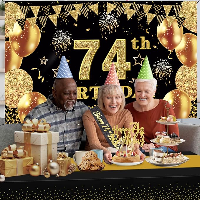 74th Birthday Decorations Men Women with 74th Birthday Banner, Black and Gold Table Cloth, Number Balloons, Large Sash, Cake Topper and Candles