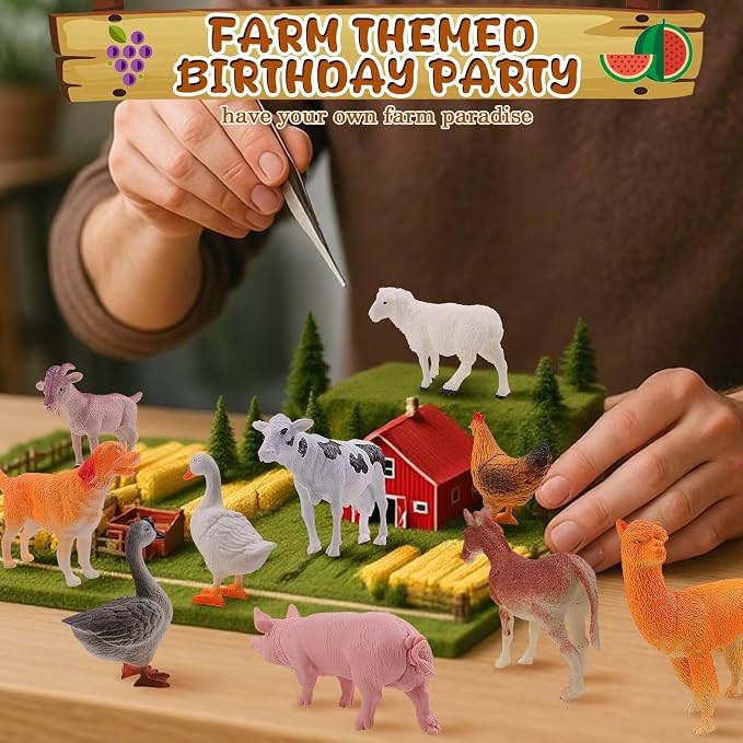 26 PCS Jungle Animal Birthday Party Decorations with Farm Animal Figurines, Mini Hats & Balloons, Cake Toppers for Birthday Party, Wild Animals Party Supplies(Farm Animal)