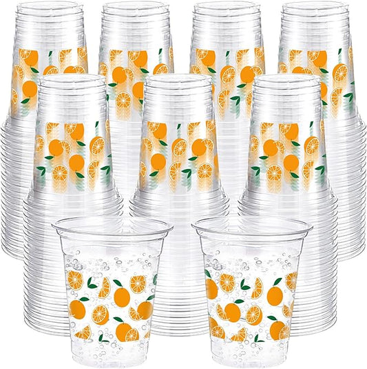 Jingmore 100 Pcs Little Cutie Plastic Cups 12 oz Orange Disposable Clear Plastic Drinking Cups Bulk for Fruit Theme Little Cutie Baby Shower Gender Reveal Birthday Wedding Party Decorations Supplies