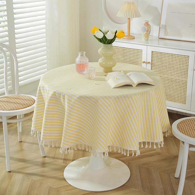 meioro Striped Tablecloth Round Tablecloths Cotton Blend Table Cloth Washable Tabletop Decorative Fabric Table Cover for Kitchen Dinning (Yellow, Round 60 Inch)