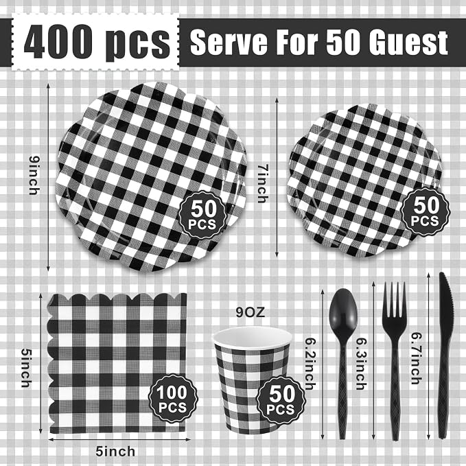Funnymoom 400 Pcs Gingham Party Supplies for 50 Guests Black and White Paper Plates and Napkins Knives Spoon Fork Cup Disposable Checkered Dinner Party Set Cutlery for Baby Shower Wedding Favor
