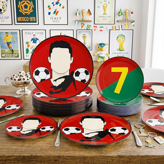 I00000 20 Pcs Disposable Soccer Plastic Plates -Red plastic Plates,Heavy Duty Disposable Plates for Global Soccer Celebration Party Supplies include 10.25" Dinner Plate& 7.5" Dessert Plate for Party
