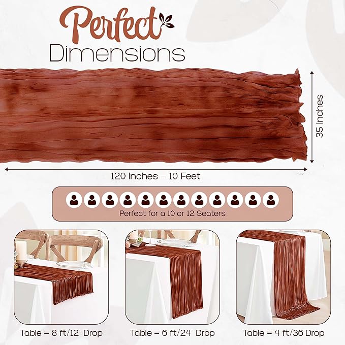 12 Pack Terracotta Cheesecloth Table Runners 10FT Long – 35 x 120 Inch Boho Gauze Table Runners for Engagement, Wedding, Baby Shower & Home Decor – Soft Wrinkled Polyester Fabric