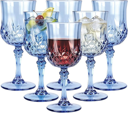 Plastic Wine Glasses, 10OZ Plastic Goblets Vintage Style Cordial Drinking Glasses for Wedding Reception, Grand Event Party Supplies(6, Blue)