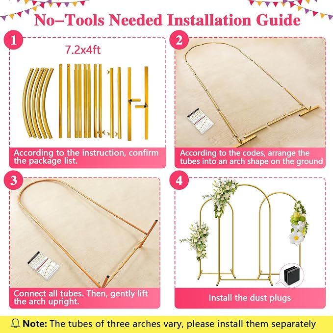 Metal Arch Backdrop Stand, Set of 3 (6/6.6/7.2 ft) Wedding Arched Frame with 12 Ground Nails, Stable Arched Background Stand for Wedding, Baby Shower, Birthday Party, Photography, Gold