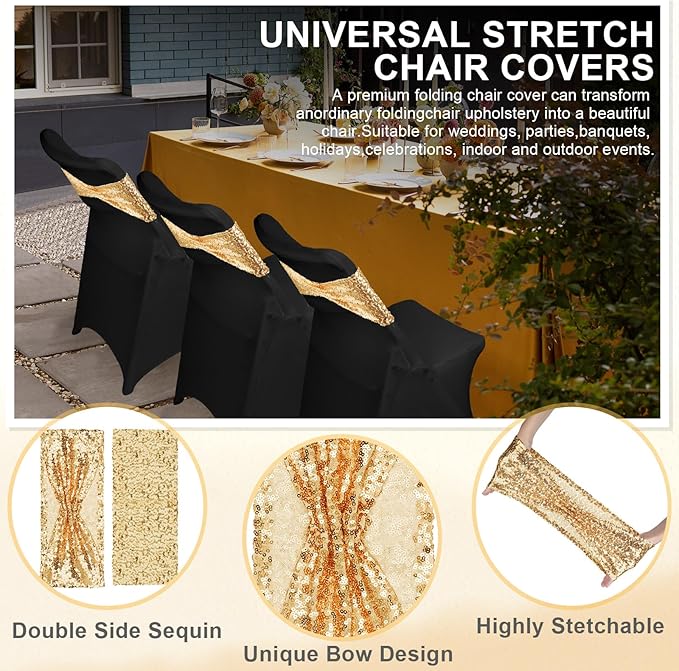 Windyun 50 Pcs Stretch Spandex Folding Chair Cover and Sequin Chair Sashes Set, 25 Double Sided Sequin Bows and 25 Universal Washable Protector for Wedding Banquet(Black, Gold)