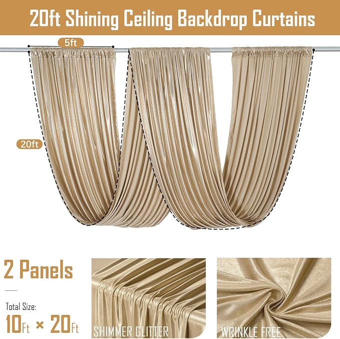 gogoparti 10x20FT Champagne Shimmer Backdrop Curtains for Weddings Parties - 2 Panels of Extra Long 5x20FT Drapes, Includes Dual Pole Pockets, Wrinkle-Free Fabric for Party, Tent Decoration