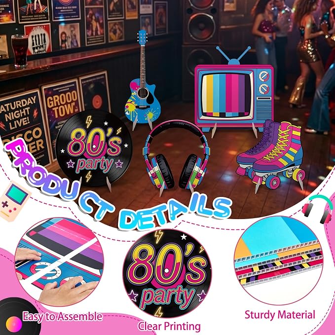5Pcs 80s Party Decorations, Large Retro Disco Theme Cardboard Cutouts Guitar Headphone Roller Skates Vintage 80s Yard Sign for Neon Hip Hop Music Birthday Indoor Outdoor Photo Props Backdrop