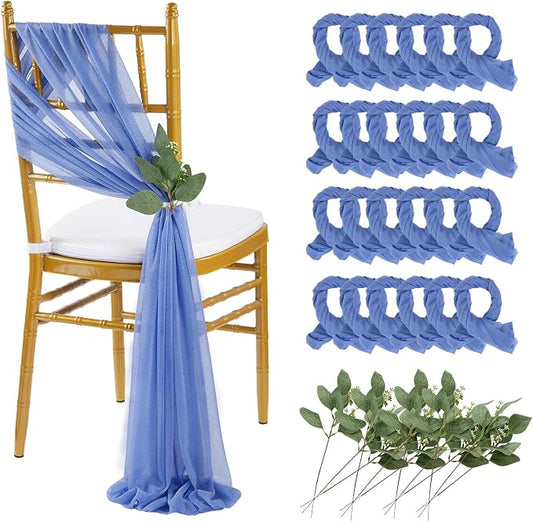 QueenDream Dusty Blue Sashes Wedding Chair Decorations: 24PCS Tulle Chairs Cover Bands Aisle Sheer Chair Bows for Indoor Outdoor Ceremony Banquet