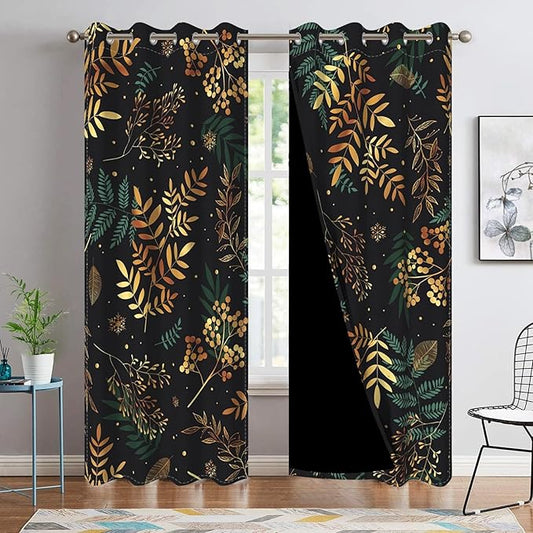 Gold Green Tropical Leaves Window Curtains Jungle Plants Gold Palm Leaves Blackout Curtains for Bedroom Living Room Home Decor Palm Leaves Botanical Decorative Drapes,53x96 inch,2 Panels