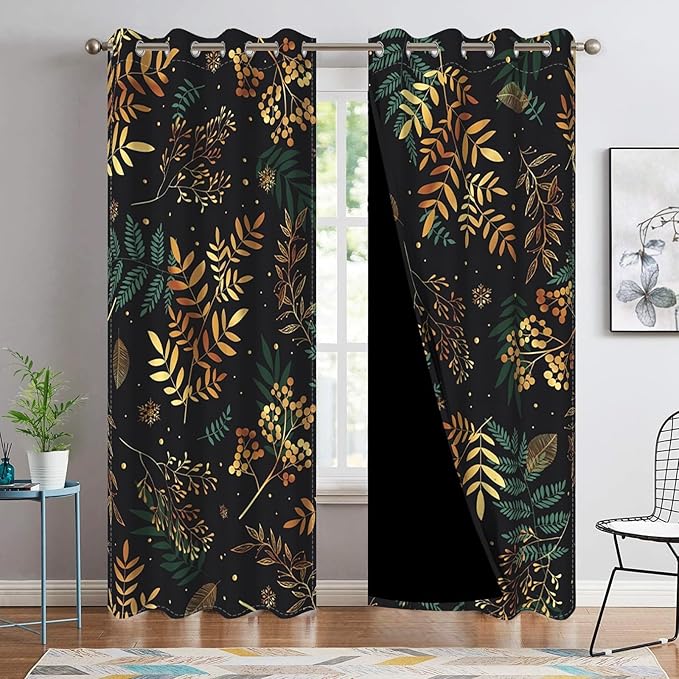 Gold Green Tropical Leaves Window Curtains Jungle Plants Gold Palm Leaves Blackout Curtains for Bedroom Living Room Home Decor Palm Leaves Botanical Decorative Drapes,42x84 inch,2 Panels