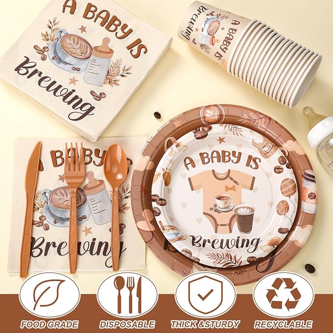 Yungyan 252 Pcs A Baby Is Brewing Baby Shower Party Tableware Set Included Plates Napkins Cups Forks Knives Cutlery for Party Decorations Supplies 36 Guests