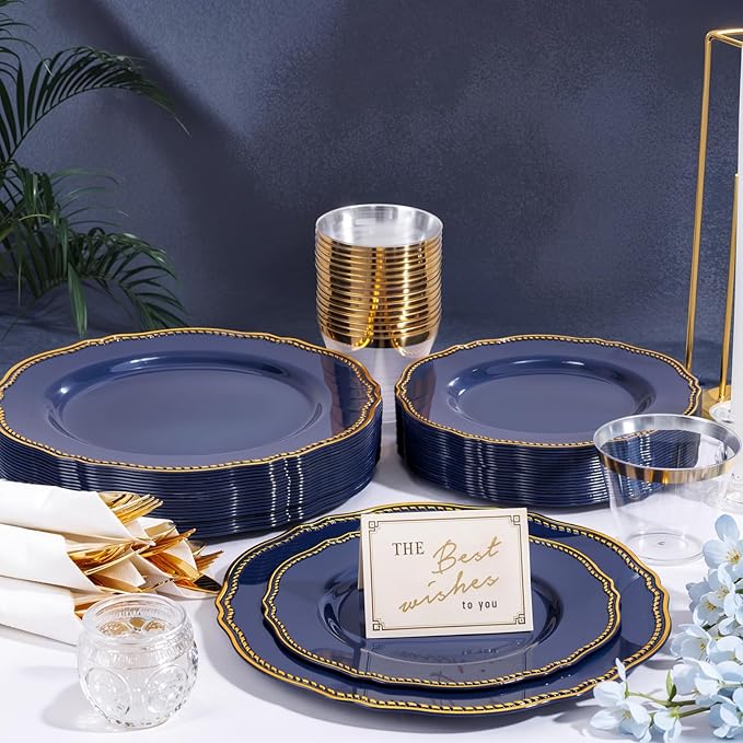 Hioasis 175pcs Blue Gold Plastic Plates - Gold Plastic Dinnerware Set Includes 25 Dinner Plates, 25 Dessert Dinnerware, 25 Cups, 25 Napkins Perfect for Wedding & Party