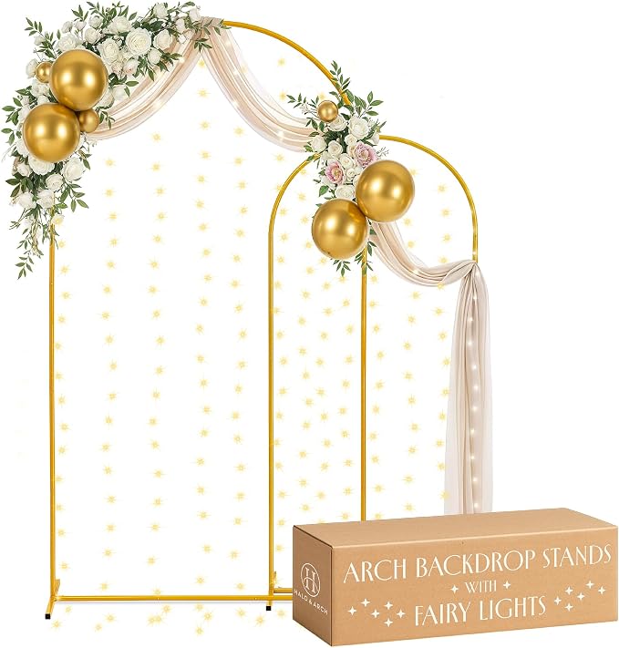 Gold Metal Arch Backdrop Stand for Wedding & Birthday Party Decorations, Foldable Balloon Arch Frame with Easy Assembly, Photo Booth Backdrop Décor with Fairy Lights Options