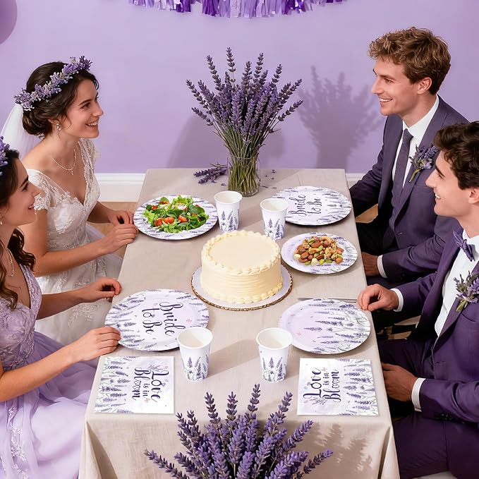 168 Pcs Purple Lavender Bridal Shower Party Supplies Floral Flower Plates Napkins Cups Forks Knives Spoons Bride to Be Paper Tableware Set for Bachelorette Wedding Engagement Decorations Serves 24