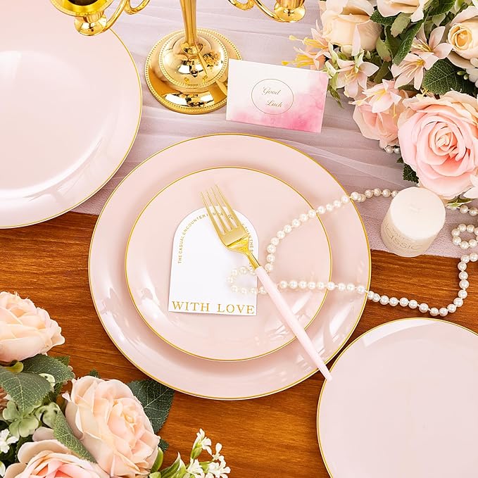 Liacere 150PCS Plastic Plates-Gold Plastic Silverware with Pink Handle - Pink Disposable Plates Include 30 Guests Plates, Forks, Spoons, Knives for Wedding＆Easter Day & Mothers Day
