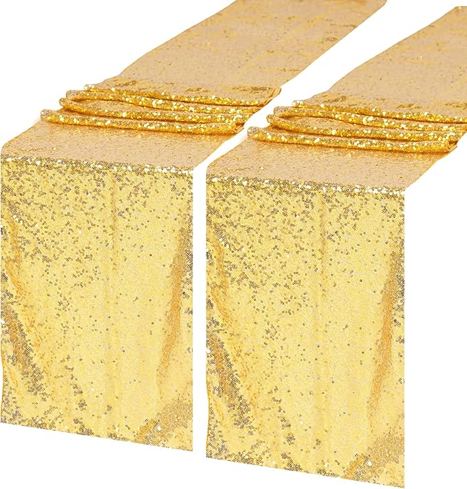 JYFLZQ Gold Sequin Table Runner 12"x108" Pack of 2 Glitter Sequin Fabric Table Linens - Sparkly Runners for Wedding & Birthday Party Decor