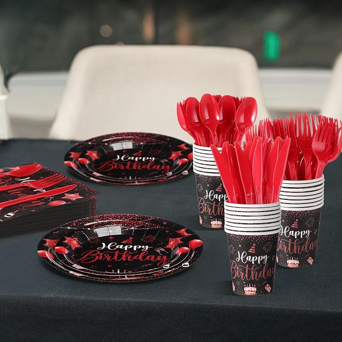 Vesici 350 Pcs Happy Birthday Party Supplies Disposable Party Tableware Set Serves 50 Included Plates Napkins Cups Cutlery for Men Woman 50th 80th Birthday Party Decorations (Black Red)