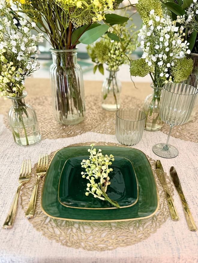 OCCASIONS 50 Green Disposable Dinner Plates (25 Guests) - Fancy Square Heavy Duty Plastic Dinnerware Set with Gold Rim for Wedding Party, 25x10" + 25x7" Salad/Dessert, BPA Free, Belize in Green & Gold
