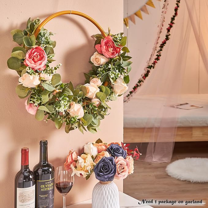 Artificial Flower Garland 3pcs 5.9ft Champagne Pink Floral Peony Vine Decor | PONKING Fake Rose Vine Flowers Hanging Faux Roses String for Room Party Home Wedding Birthday Wall Arch Decoration
