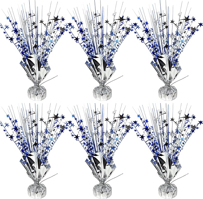 6 Pack Metallic Foil Spray Table Centerpiece Decoration Star Brust Glitter Table Topper Decor for Birthday Graduation Holiday Christmas New Year's Eve Celebration Party Supplies Blue Silver