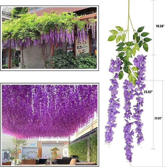 Artificial Flowers Hanging Flowers, Fake Garland Silk Vines Rattan String Decor for Home Wedding Arch Wall Garden Greenery Bedroom Outdoor Office Party Decoration (12, Purple)