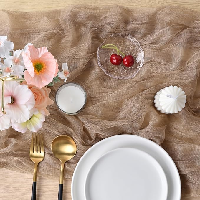 Joanlody Coffee Cheesecloth Table Runner Spring Summer 10Ft Rustic Gauze Boho Cheese Cloth Table Runner for Wedding Bridal Baby Shower Decoration 4 Pack
