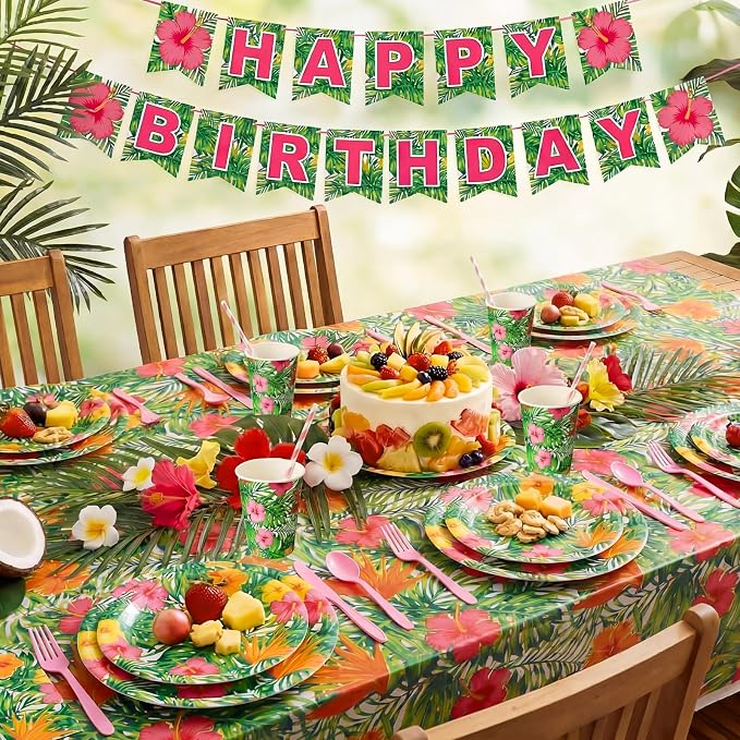 Vesici 452 Pcs Tropical Luau Party Supplies Set for 50 Guests Include 9'' 7'' Paper Plates Napkins Tablecloths 9 oz Cups Forks Spoons Straws for Hawaiian Hibiscus Flower Summer Birthday Decoration