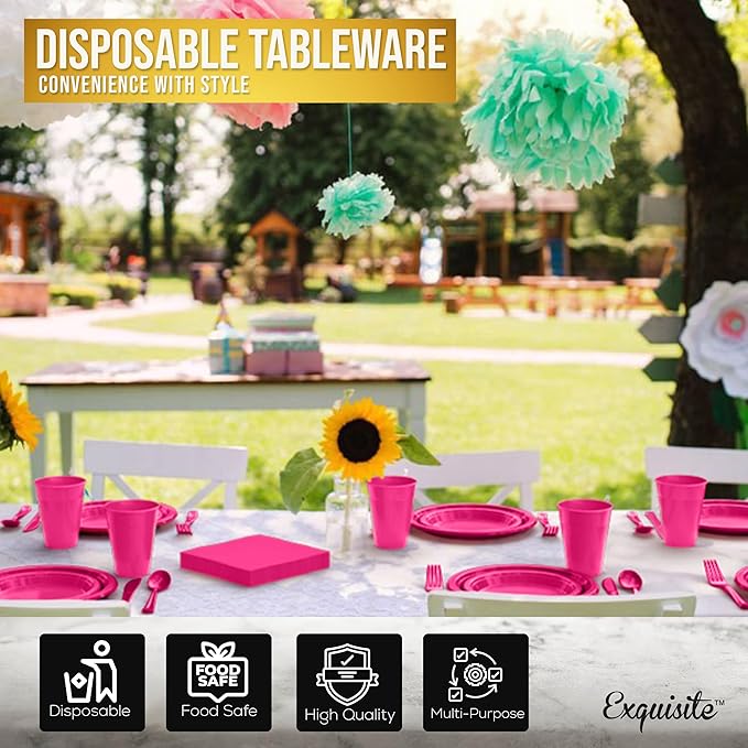 350 Pcs Cerise Plastic Plates For Party, Cerise Disposable Plates Set, 50 Of Each 9" Dinner Plate Set, 7" Dessert Plate, Cups, Napkins & Cutlery Plastic Dinnerware Set Exquisite