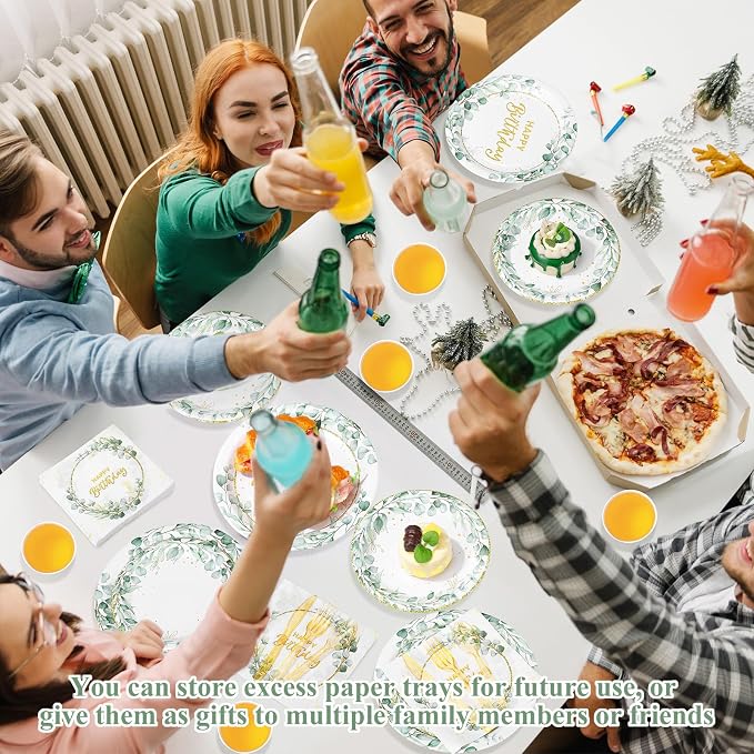 Pickmesh 400 Pcs Sage Green Birthday Party Supplies Include Neutral Eucalyptus Green Happy Birthday Disposable Paper Plates Napkins Cups Cutlery for Girls Boys Women Men Party Decorations Serve 50