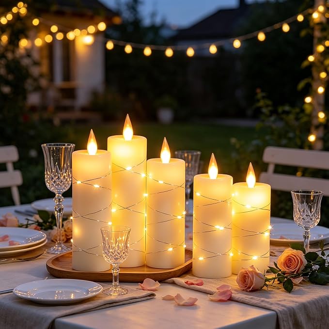 Da by 5 Pack Ivory Real Wax Flameless Taper Candles, Lifelike Flickering LED Flame Candles with Surrounding Fairy String Lights, Battery Candles with Remote for Home Wedding Holiday Decor