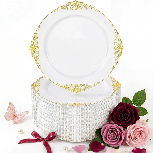 Nervure 100Pcs White and Gold Plastic Plates - 7.5inch Gold Disposable Plates - Heavyweight Plastic Dessert Plate for Wedding & Party & Mothers Day