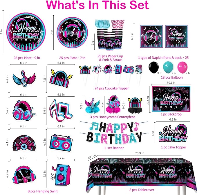 Karaoke Party Decorations for 25 Guests, 208PCS All-in-One Music Party Supplies Set with Banner, Backdrop, Balloons, Cake Toppers, Plates, Napkins and Tablecloth, Music Theme Birthday Decor