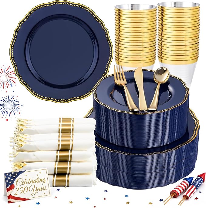 Hioasis 350pcs Blue and gold Plastic Plates - Blue Plastic Dinnerware Set Includes 50 Dinner Plates, 50 Dessert Dinnerware, 50 Cups, 50 Rolled Napkin Cutlery Perfect for Wedding & 4th ofJuly