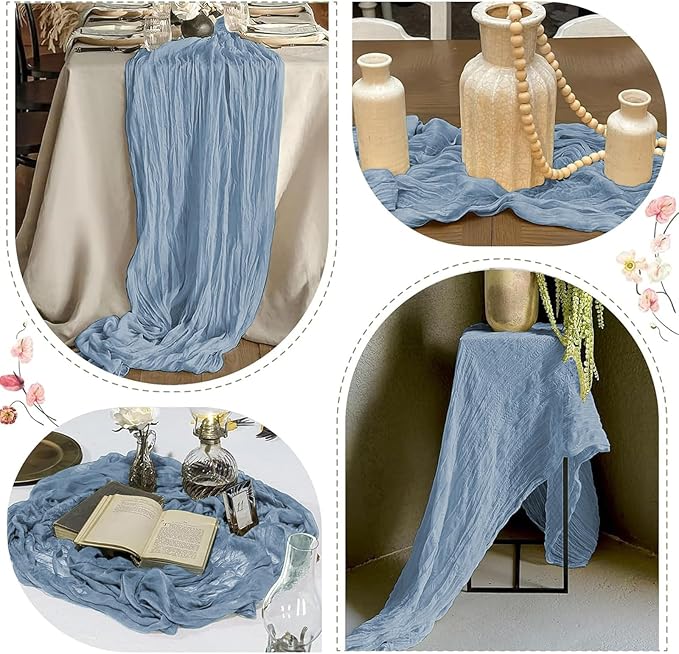 12 Pack Dusty Blue Cheesecloth Table Runner 17 x 108 Inch Gauze Table Runner Fabric Semi Sheer Cheese Cloth Table Decor Bulk for Rustic Romantic Wedding Baby Shower Table Decoration