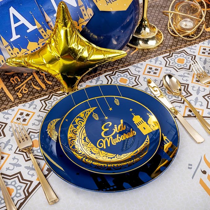 Nervure 125PCS Ramadan Plastic Plates - Eid Mubarak Plates - Blue Gold Plates Include 50 Plates 25 Spoons 25 Forks 25 Knives for Ramadan Mubarak Table Decorations Eid Al-fitr Party Favors