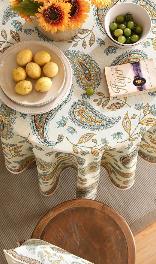 patdrea Vintage French Linen Tablecloth,Round,Diameter 55"-Lysaniya | Colorful Elegant Table Cloth for Round Table,Paisley Patterned,Dining Room Tea Party Thanksgiving Decor,Stain Resistant
