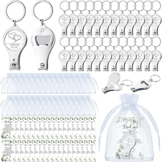 Fulmoon Wedding Multi Function Bottle Opener Nail Clipper Wedding Favors Brewery Cards White Organza Bags for Party Supplies Gift Souvenir Guests Men Women (150 Sets)