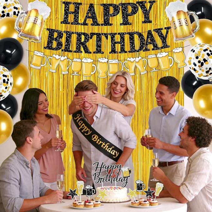 Black and Gold Birthday Decorations, 45PCS Happy Birthday Balloons Decorations for Men with Balloons Banner Sash Foil Fringe Curtain, Black and Gold Party Balloon Decoration Supplies for Men Boys