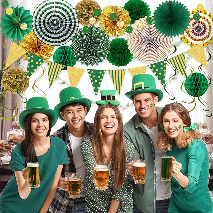 Green Gold Party Decorations, Graduation Season Hanging Glitter Triangle Flags Banner Paper Fan Tissue Pom Poms Garlands, St. Patrick's Day, Bridal Shower, Green Master Golf Themed Birthday