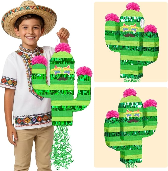 WERNNSAI Cinco De Mayo Cactus Piñata - Mexican Party Decorations Pull String Piñata Bundle with Blindfold and Bat Mexican Piñata for Fiesta Party Decorations Luau Event Carnivals Festivals Supplies