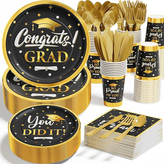 Ecomore Graduation Decoration Class of 2026, 350PCS Graduation Party Supplies Disposable Dinnerware(Serve 50) with Paper Plates Cup Napkin Fork Knife Spoon College High School Grad Decor(Black & Gold)