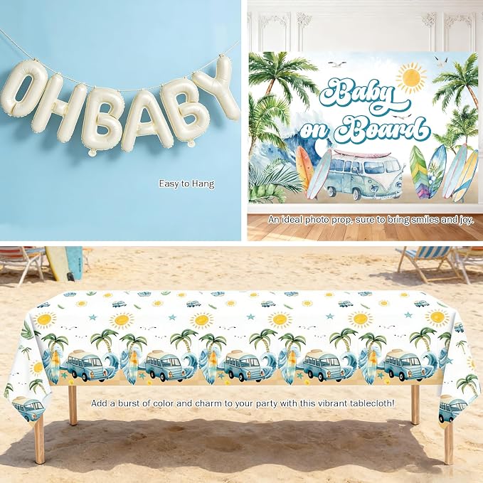 Party Inspo Baby on Board Baby Shower Decorations - 122Pcs Surf Theme Party Supplies for Boys with Backdrop, Tablecloth, Balloon Boxes and Ocean Blue Garland Kit