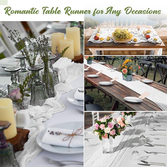 Foaincore 12 Pack White Cheesecloth Table Runner 13FT Boho Gauze Table Runner 157'' Long Rustic Wedding Tablerunner for Bridal Shower Baby Shower Arch Decor Party Tablecloth