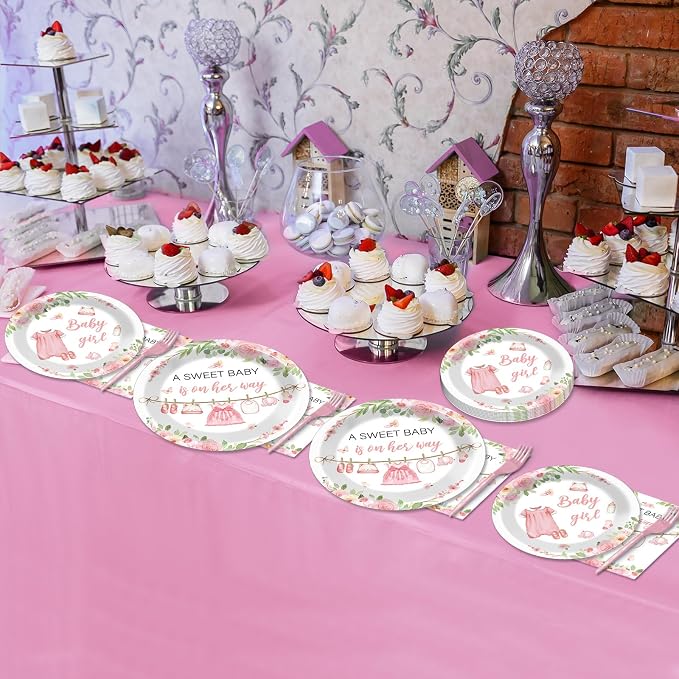 Justforjoyful 200Pcs Floral Baby Girl Shower Plates and Napkins Decoration Pink Girl Party Tableware Dinnerware Set Spring Rose Gold Paper Plates for Baby Gender Reveal Party Supplies Serves 50