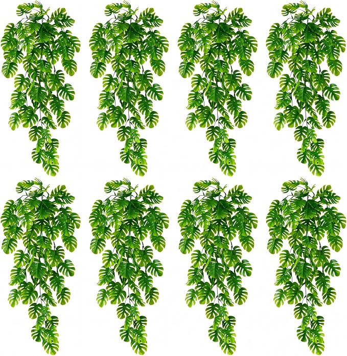Daifunli 8 Pcs Artificial Hanging Plants Fake Hanging Ferns Plastic Fake Plant for Wall Room Garden Garland Indoor Outdoor Decor No Basket (Monstera Vines)